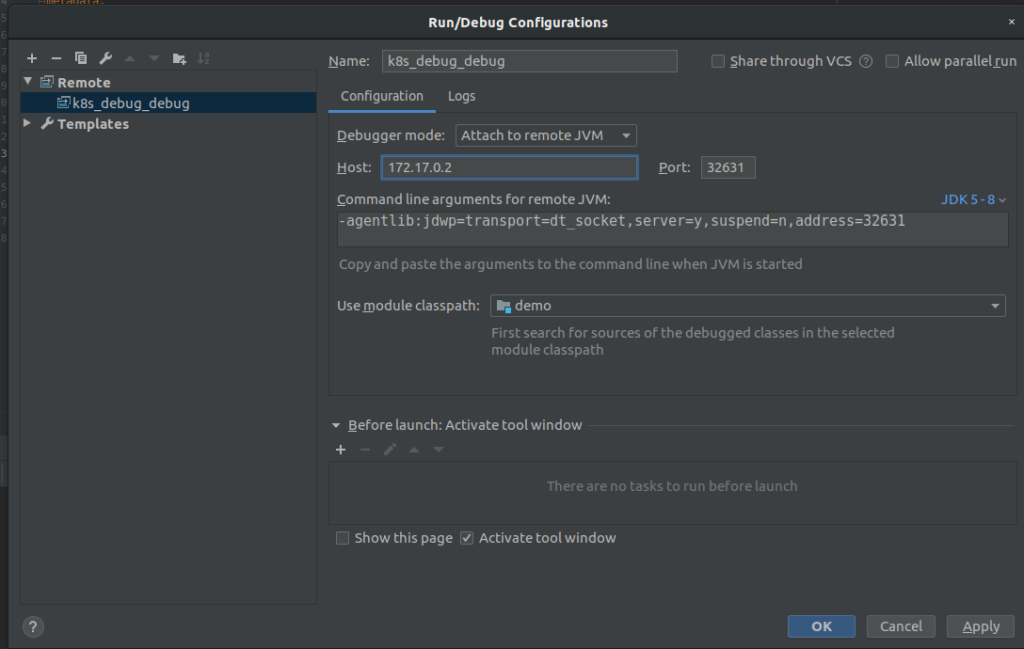 The JVM arguments will be configured out of the box by selecting the “Remote” configuration