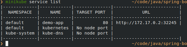 Sample list of services in my Minikube cluster